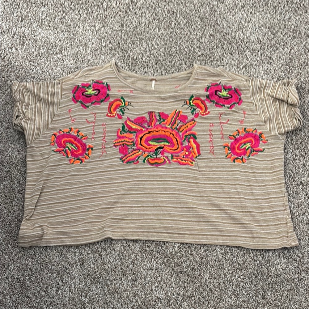 Free People Cream Boxy Embellished Short Sleeve Tee